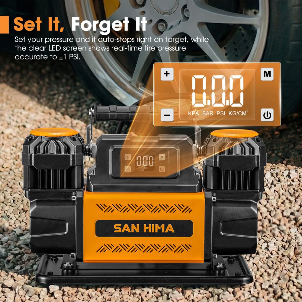 SanHima sprężarka powietrza 12 V – przenośny nadmuchiwacz do opon z podwójnym cylindrem 12,36 CFM z ekranem LED, pompa powietrza offroad, wytrzymała, maks. 150 PSI, do pojazdów 4 x 4, do samochodów