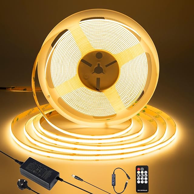 SIRYYUI COB LED Strip 10M,Dimmable LED Strip Lights with Power Supply, Remote Controller,3840LEDs,CRI>90,8mm Width, DC24V LED Light Strip for Home DIY Decoration,Warm White,2700K