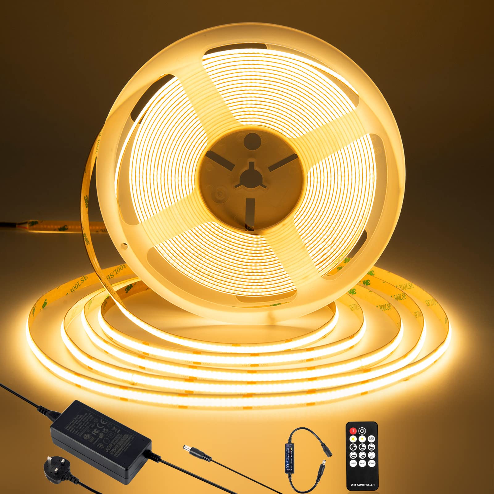 COB LED Strip 10M,2700K Warm White Dimmable Dotless LED Strip Lights ,with 3840 LEDs,CRI90+, 8mm Wide ,with RF Remote and Power Supply, 24V LED Light Strip for Indoor Room,Kitchen,cabinets,Mirrors — image 1