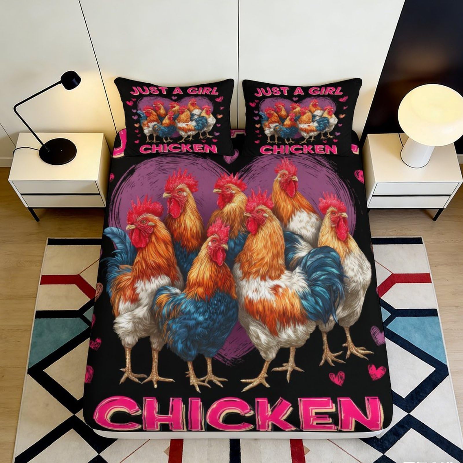 3D Printed Chicken Rooster Fitted Sheet Microfiber Soft Breathable Heart Pattern Bed Cover for Bedroom Dormitory Guest Room Mattress Protection 140x200x25cm