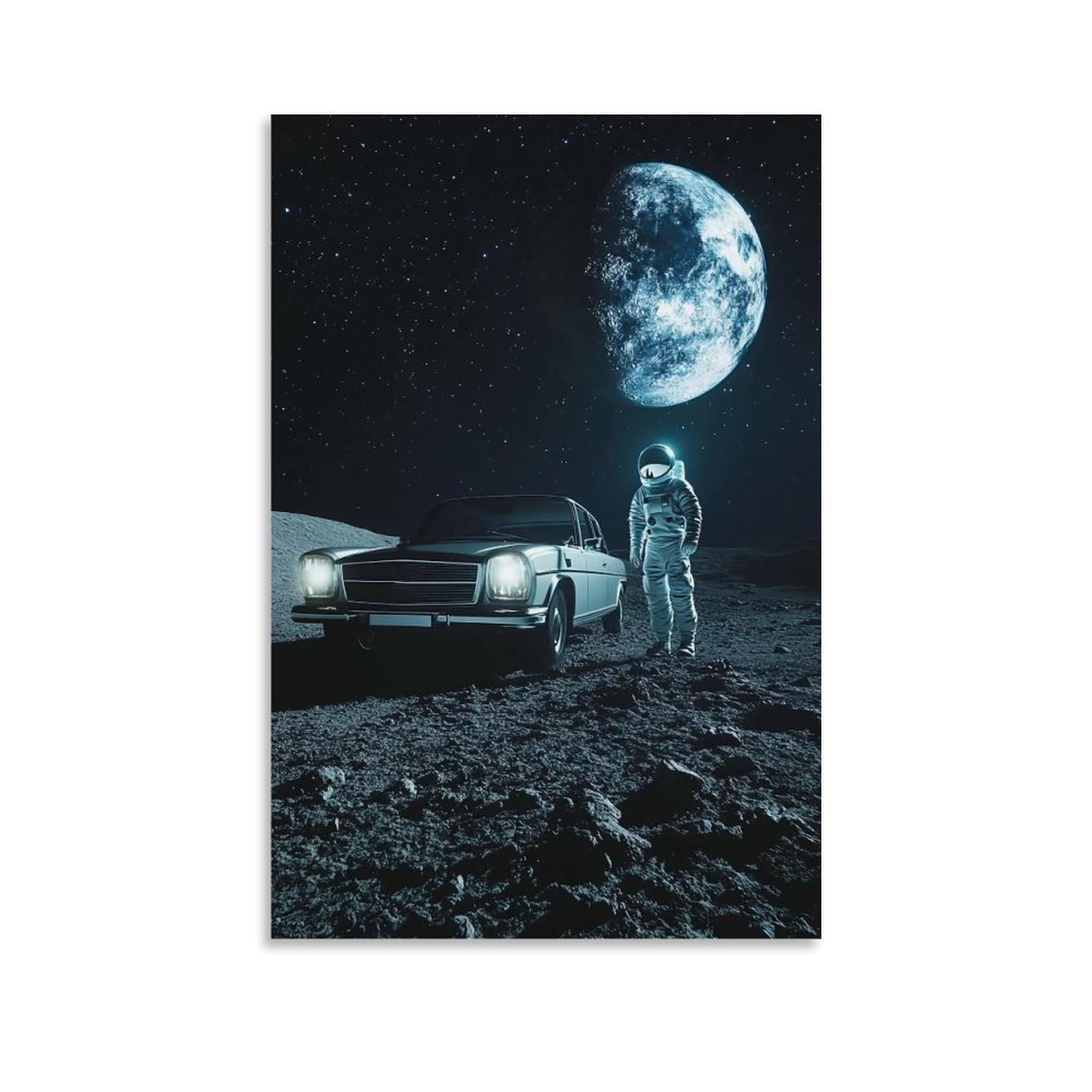 HUERYRYHY Car on The Moon 02 Poster Wall Art Canvas Vintage Aesthetic Painting Decor for Rooms 24x36inch Unframe-style
