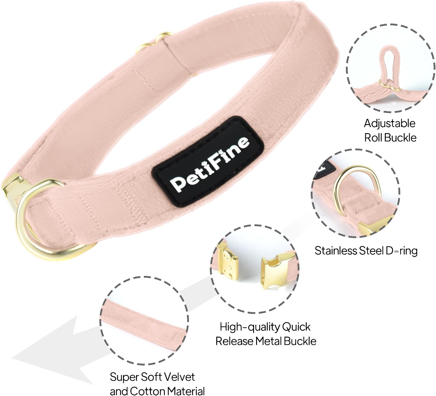 PetiFine Pink Dog Collar and Leash Set, Adjustable Velvet Collar and Leash with Metal Buckle for Small to Large Dogs