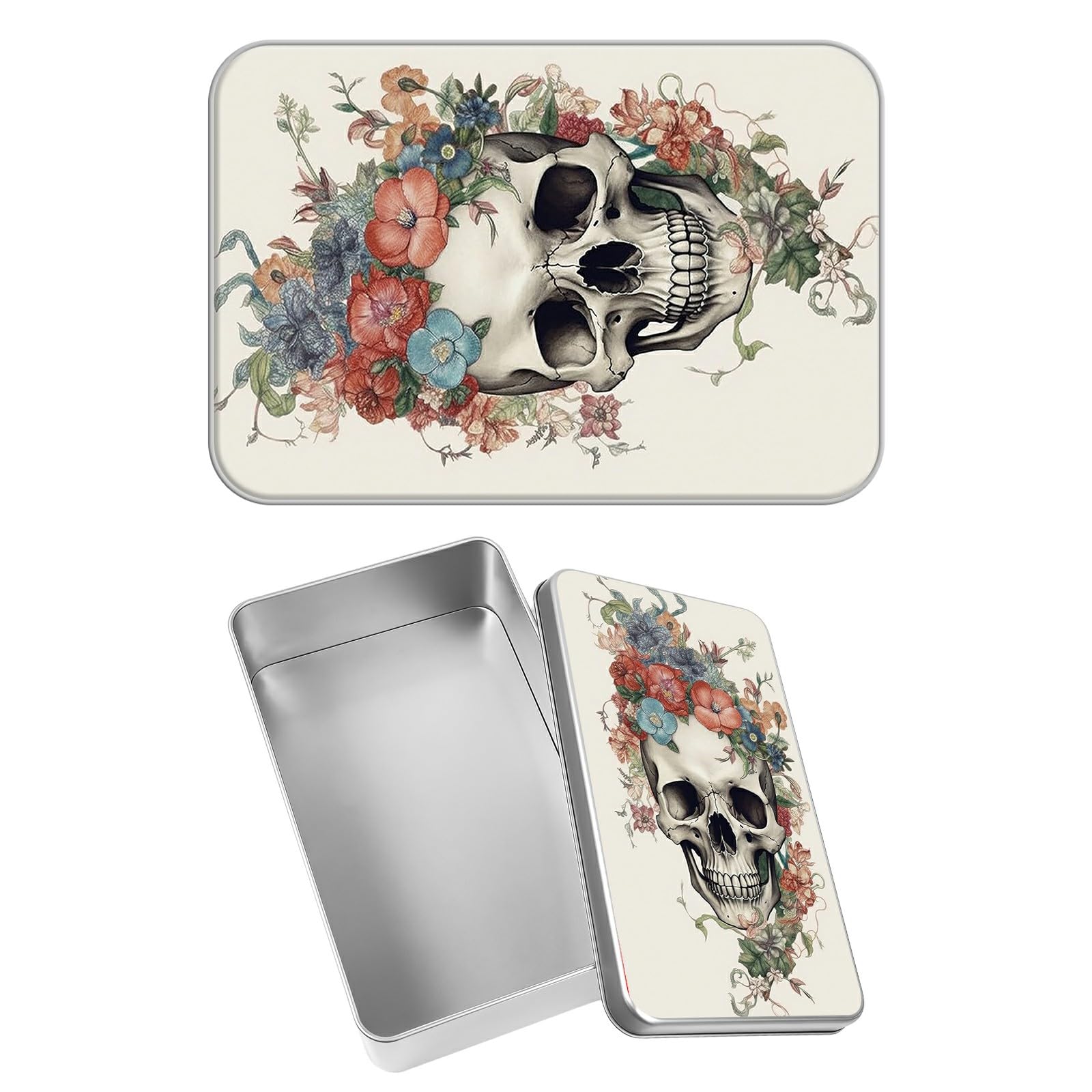 Rectangular Metal Tin Box with Removable Lid, Florals Skull Decorative Printed Metal Storage Container for Sweets Jewelry Tea Candies Cakes 7 x 4.33 x 2.17 inch– Single Pack