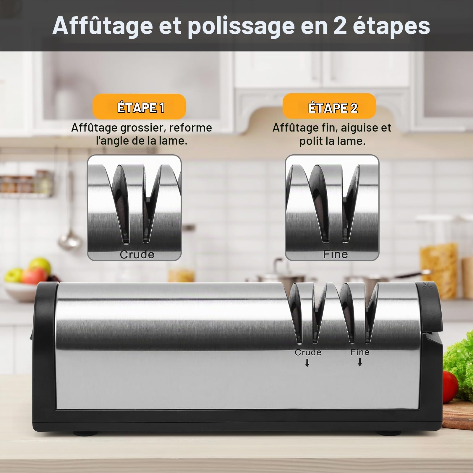 Aiguiseur de couteaux électrique Aiguiseur de couteaux électrique rechargeable en acier inoxydable Aiguisage et polissage en 2 étapes Aiguiseur de couteaux outil réparation restauration polissage lame
