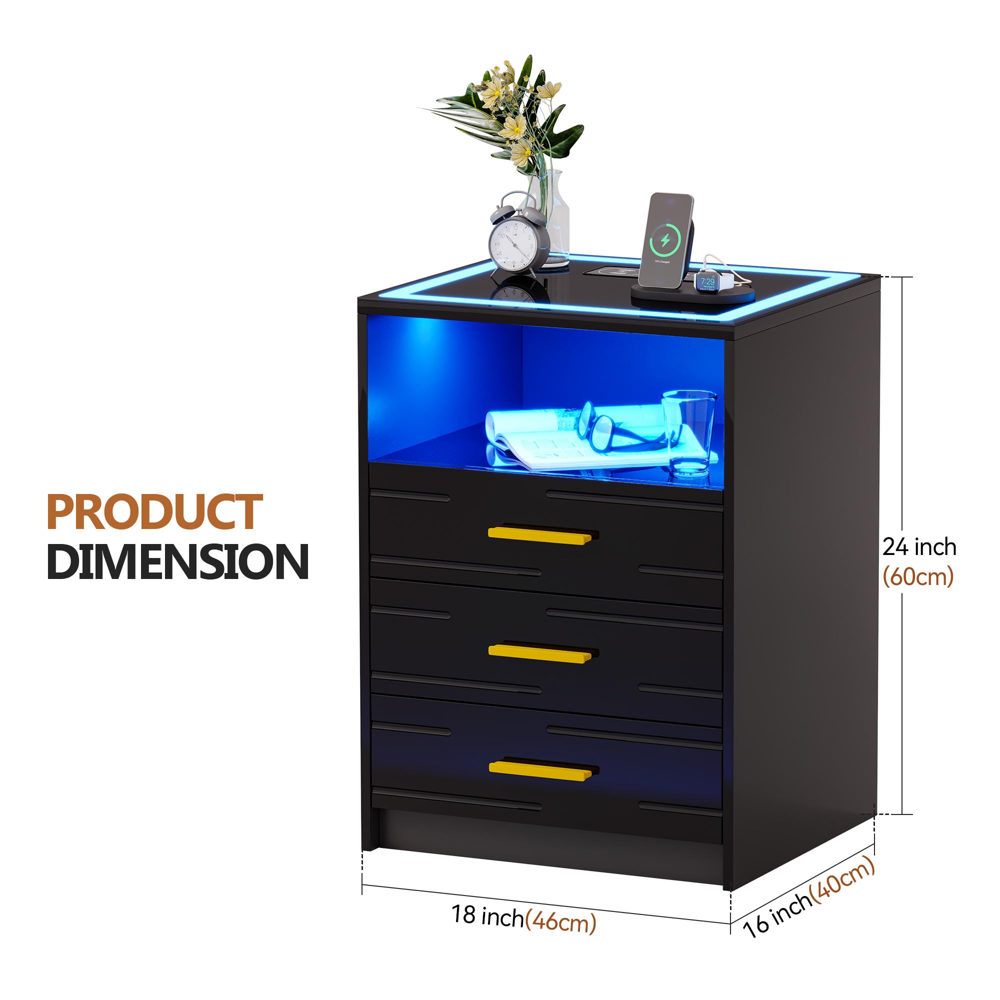 LED Night Stand Set 2 Charging Station Modern Smart Bedside Table - Dettaglio