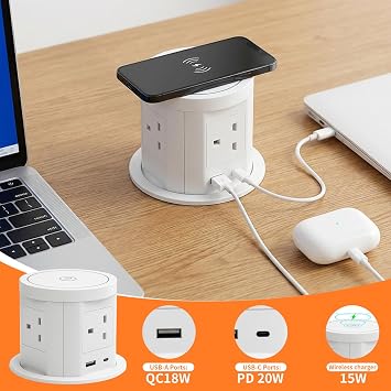 Pop up Sockets for Kitchen Worktops with 15W Wireless Fast Charger, Touchscreen Automatic Pop up, 5 x UK Plugs 1x USB & 1x 20W Type C Port for Home Office Kitchen Worktops Desktop