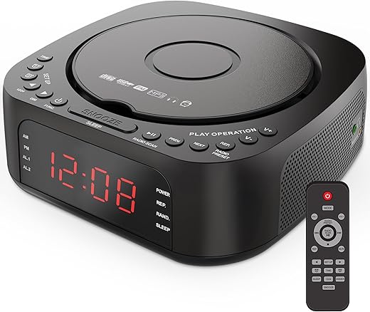 KUEPHOM CD Player Alarm Clock with Remote:CD/MP3,Bluetooth,FM Radio with Speakers,USB Charger and Dimmable Display for Bedroom-Dual Alarm with Optional Sound Suitable for Heavy/Light Sleeper