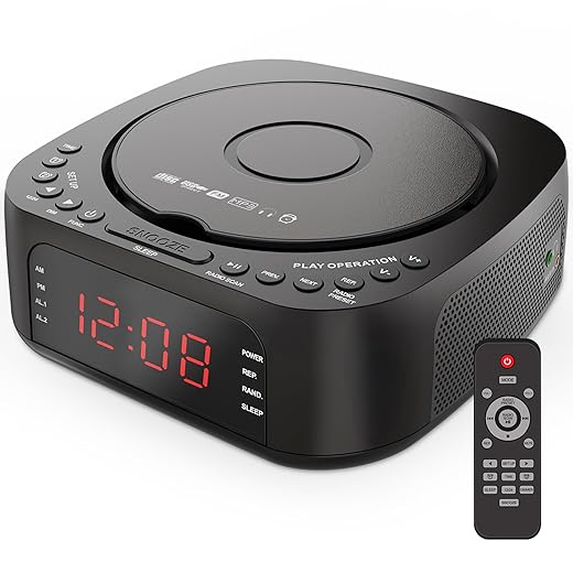 KUEPHOM CD Player Alarm Clock with Remote:CD/MP3,Bluetooth,FM Radio with Speakers,USB Charger and