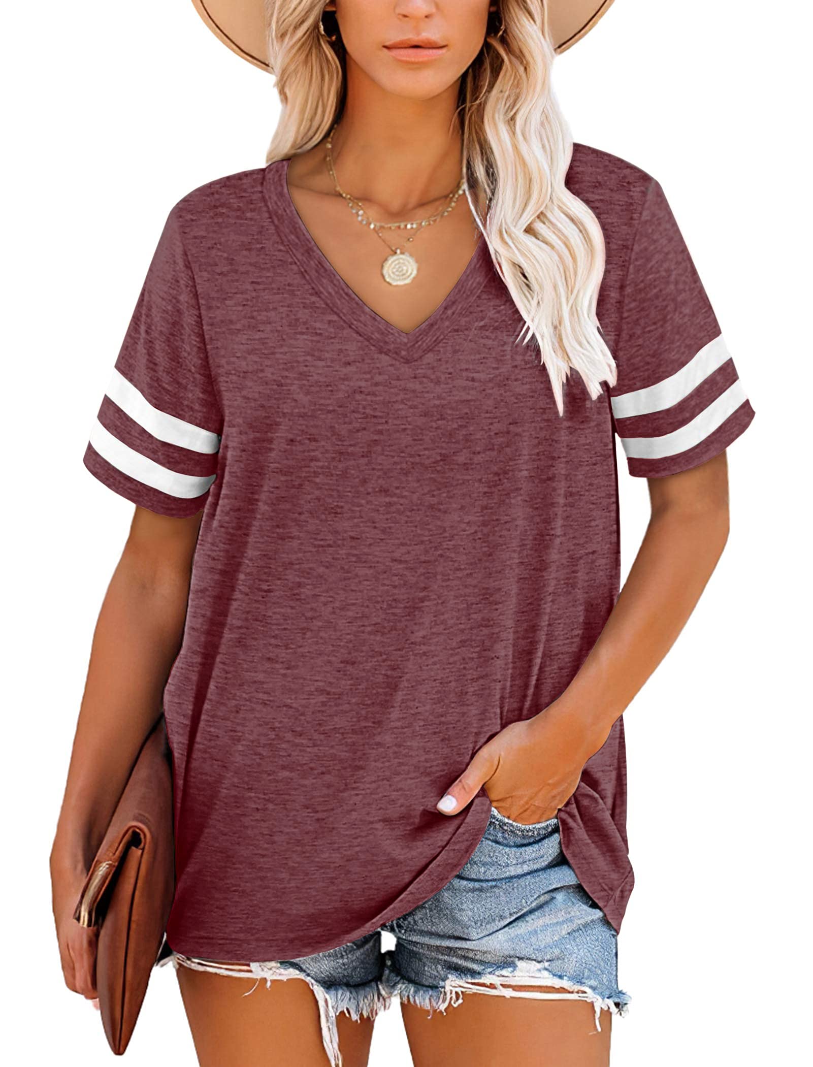 NARRAME Camiseta de Manga Corta con Cuello en V a Rayas para Mujer
