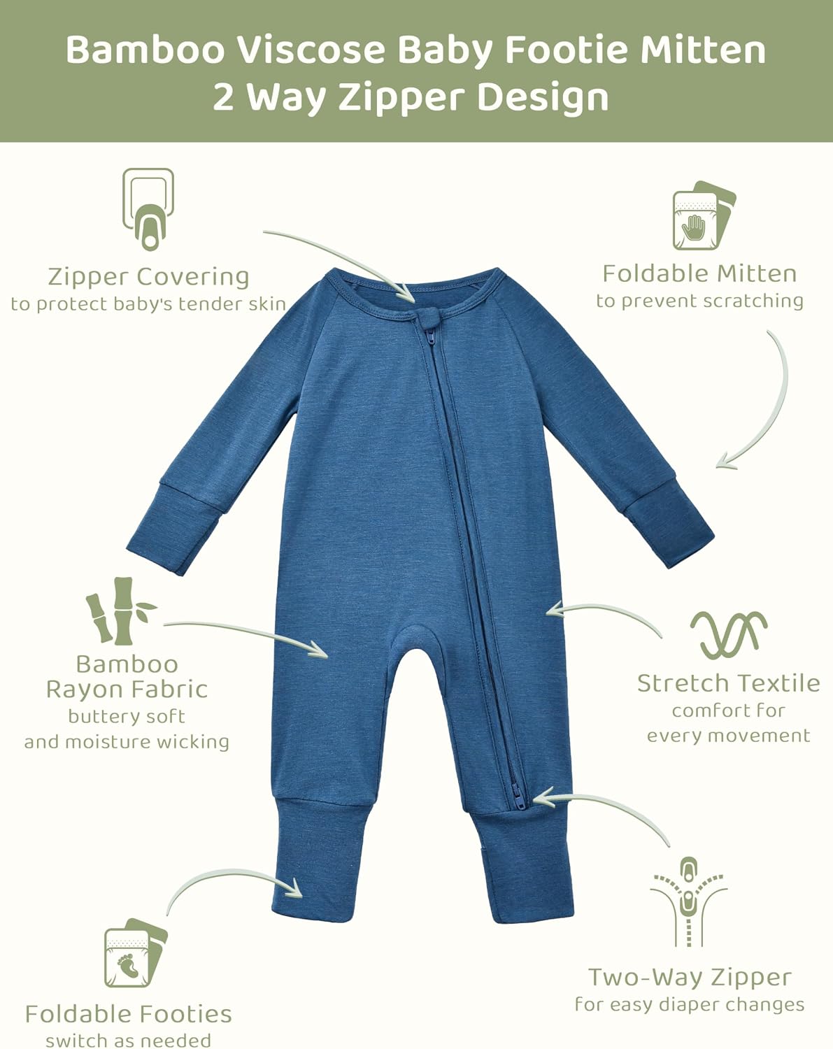Bamboo Viscose Baby Footies with Mitten, Footed/Footless Romper Jumpsuit, Toddler Soft Color One-Piece Outfits
