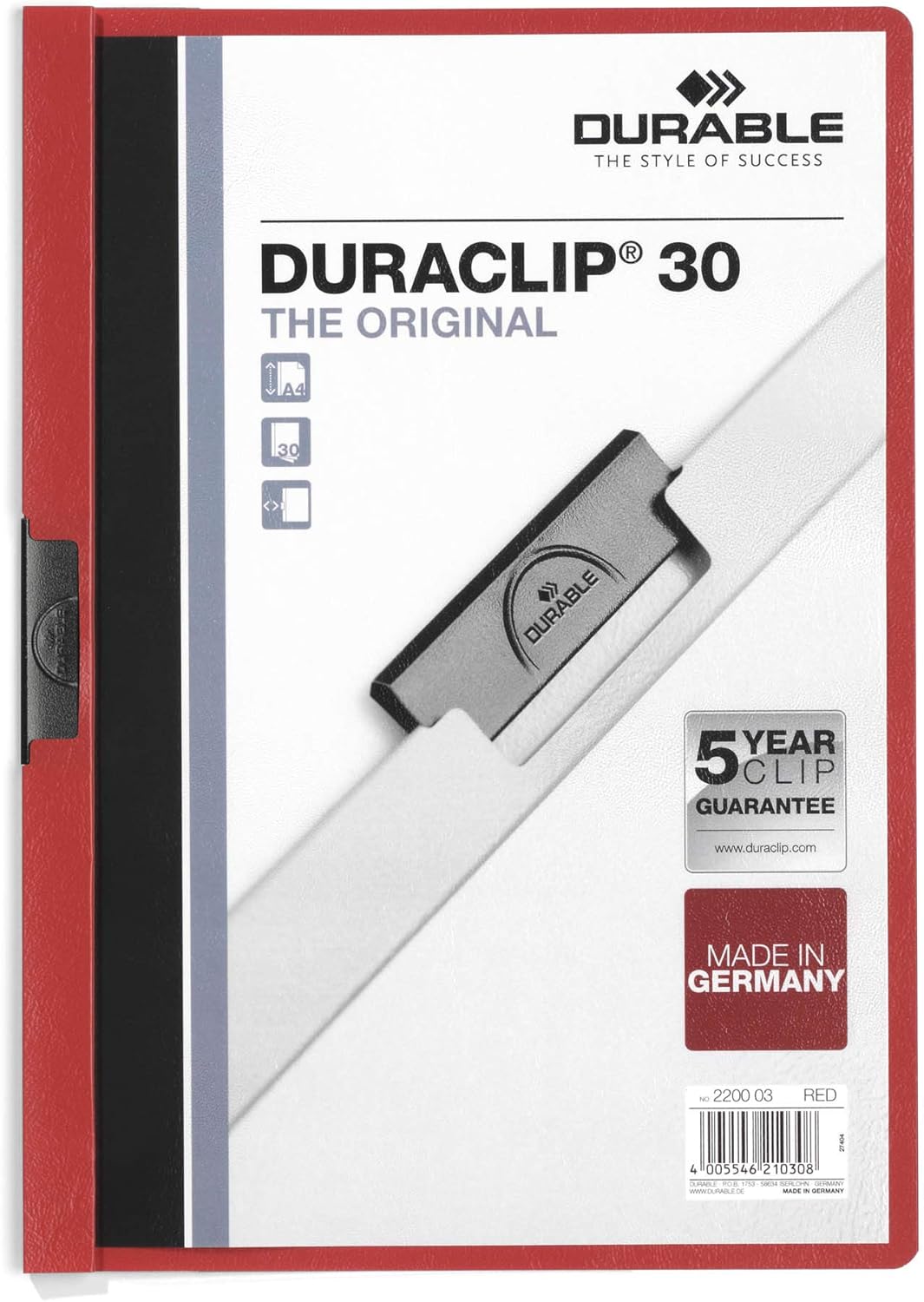 Durable DURACLIP 30 A4 Clip Folder | Holds up to 30 Sheets of A4 Paper | Robust Metal Sprung Clip | Pack of 25 Red Coloured Files
