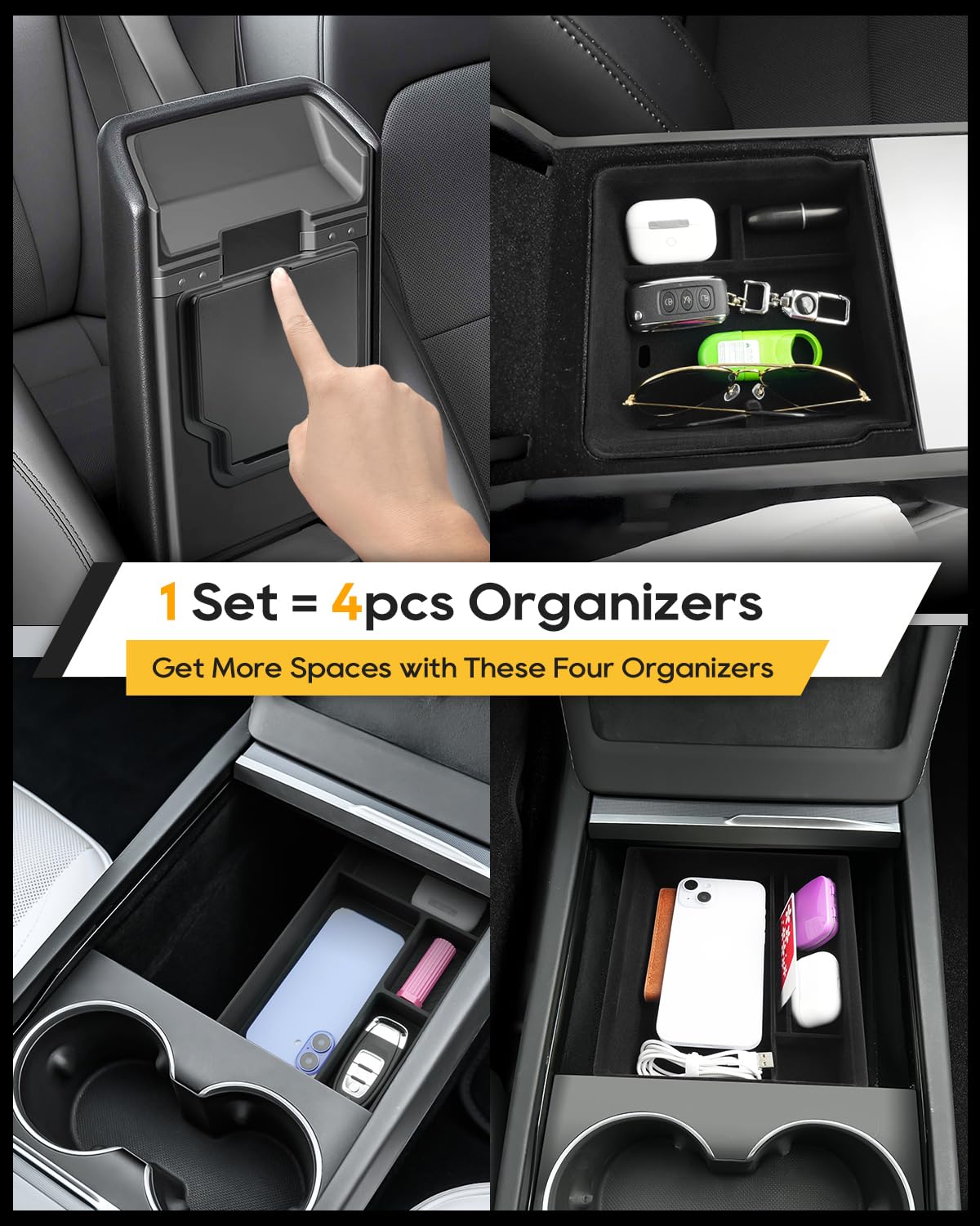 LFOTPP Para Tesla Model Y Juniper 2025 2026 consola central, organizador de reposabrazos, guantera + consola central, caja de almacenamiento oculta, para Tesla Model Y Juniper Accesorios [4 unidades]