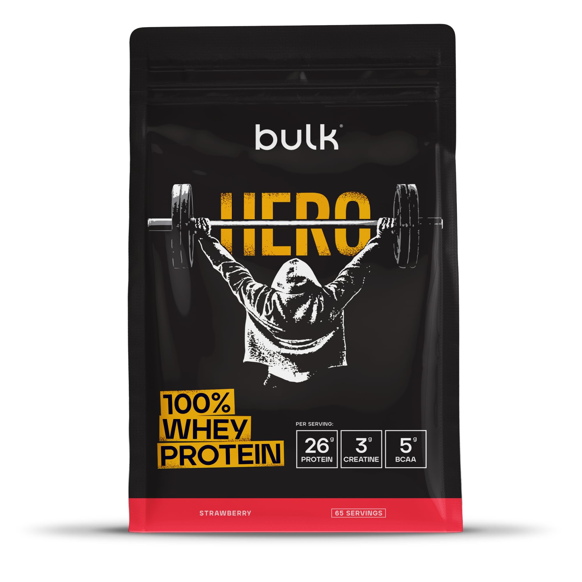 Bulk Hero Whey Protein Powder | Strawberry | 65 Servings | 26g Protein + 3g Creatine | 5g BCAAs | Low Sugar | Fast Absorption | Isolate, Hydrolysed & Concentrate Blend