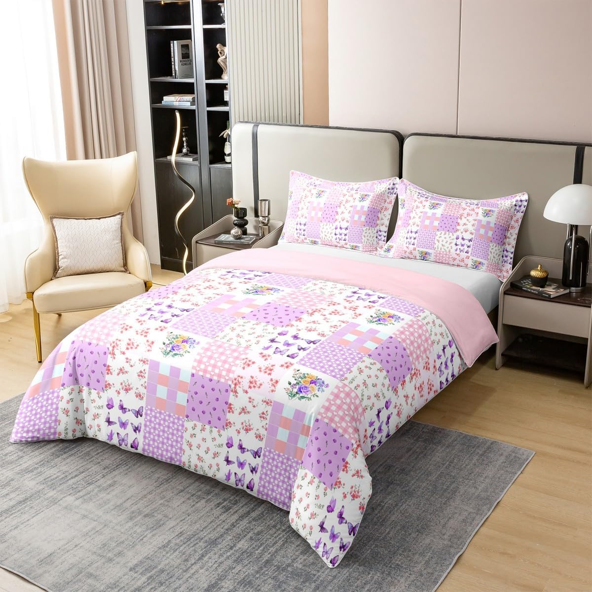 jejeloiu Flower Floral Duvet Cover 100% Cotton Twin Size Purple Pink Comforter Cover for Boys Girls Butterfly Print Bedding Set 2Pcs Cute Geometric Room Decor Breathable Soft Lightweight Microfiber