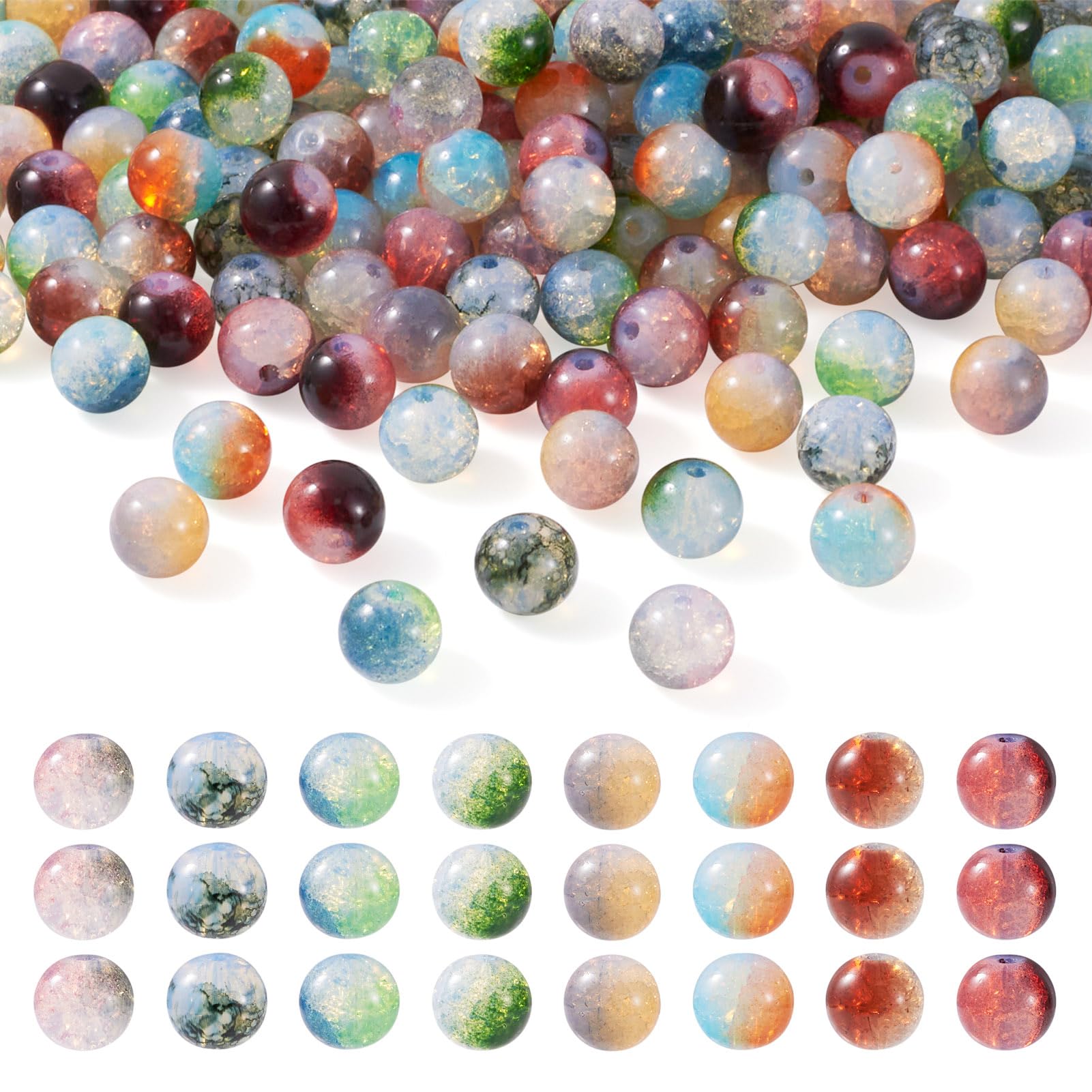 Bestewelry 160pcs Crackle Glass Round Beads Two Tone Crystal Ball Loose Spacer Beads Assorted Beads for DIY Crafts Bracelet Necklace Earring Jewellery Making