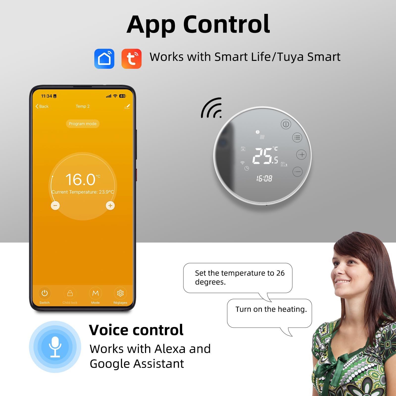 Beok Tuya Thermostats Intelligents Thermostat de Chauffage Thermostats d'ambiance Thermostat WiFi pour Chauffage par Le Sol électrique Compatible avec Alexa, Google 16A TGR86