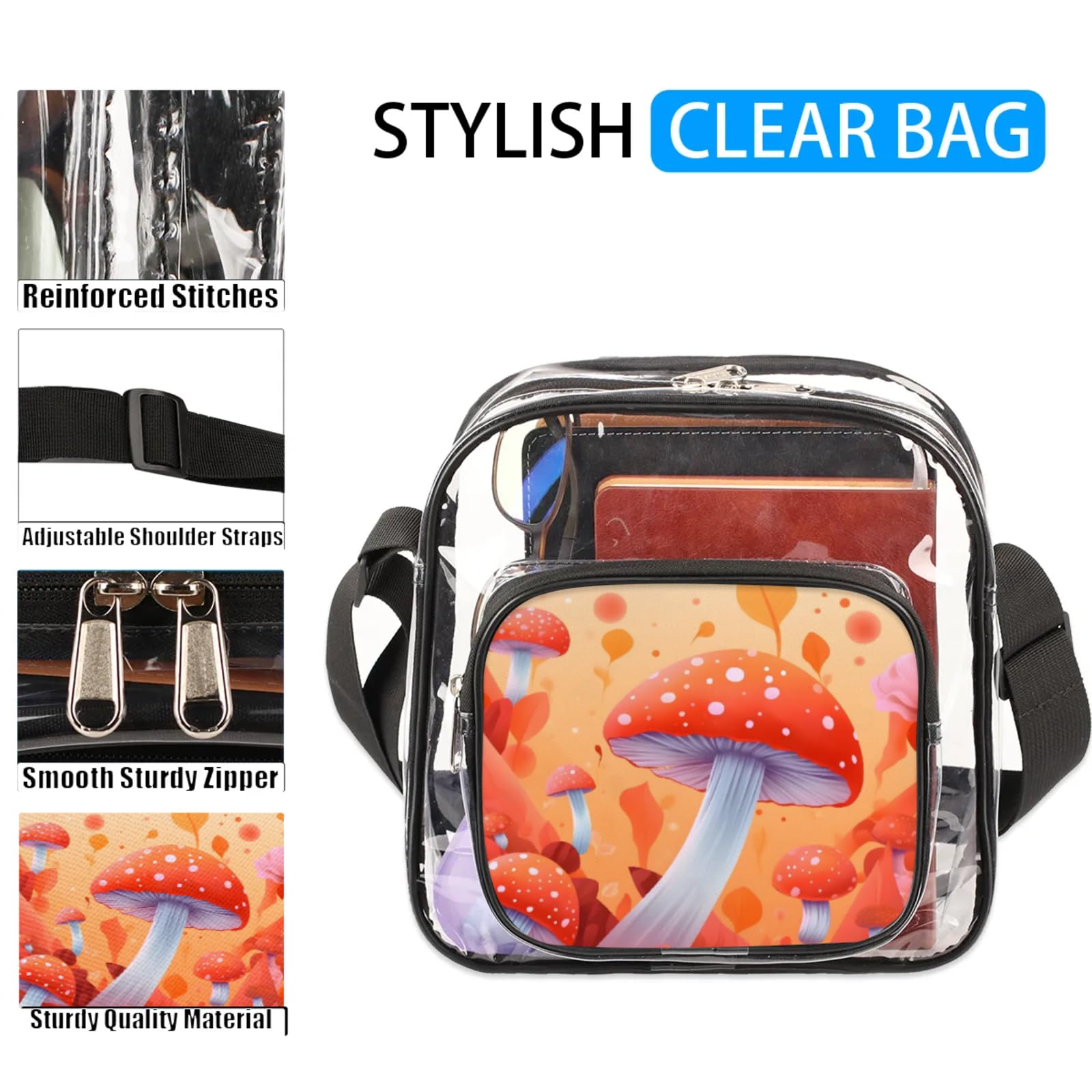 Clear Crossbody Bag Stadium Approved Cartoon Mushroom Transparent Bag for Festivals, Sports Events, Concerts,Beach Bag for Women Men Clear Purse with Front Pocket Messenger Bag with Adjustable Strap