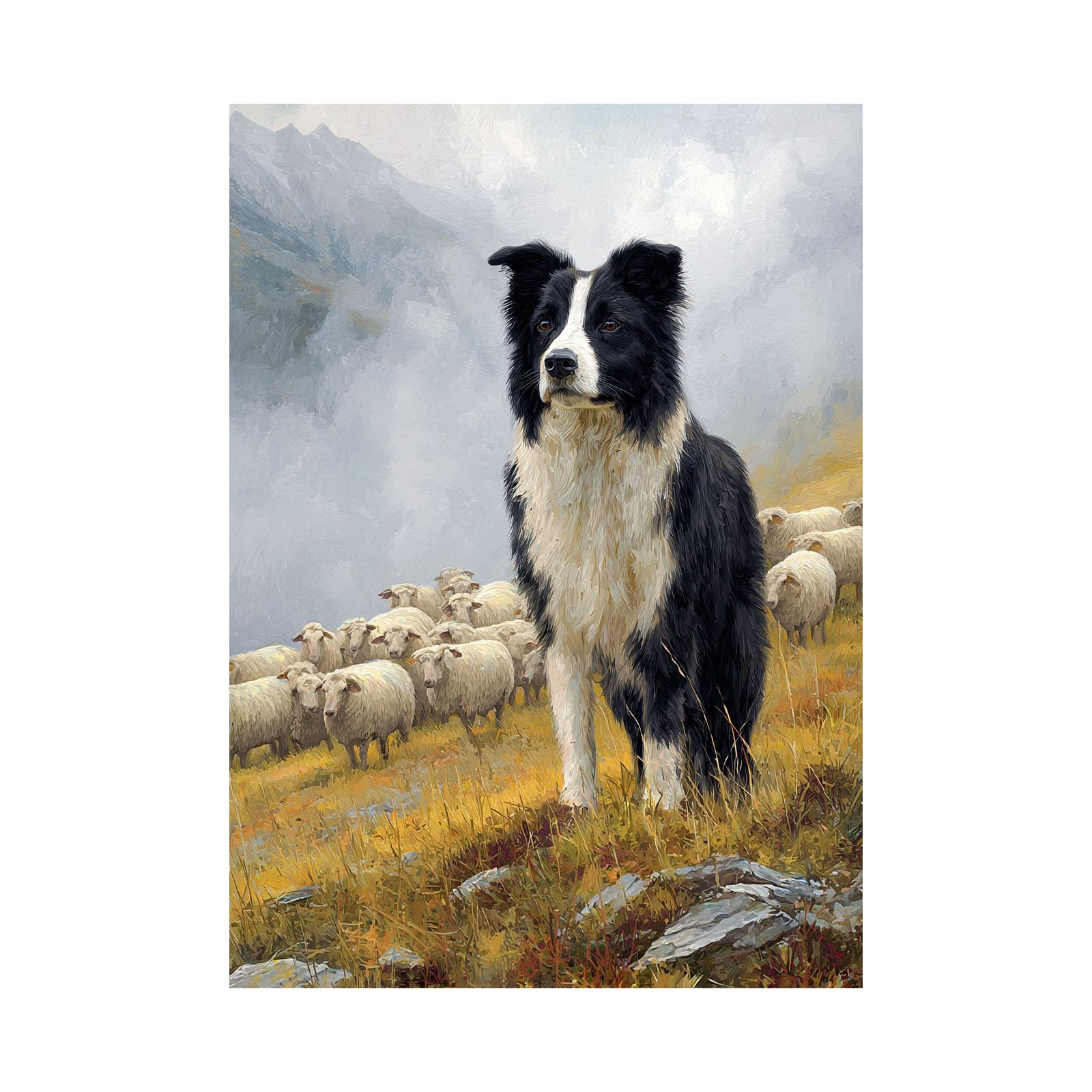 TERUEA Colour Splash Arty Animal Canvas Wall Art Bright Picture Collie Sheep Mountain Mist Canvas Wall Art Watercolor Prints Pictures(Black)-80x120cm Unframed