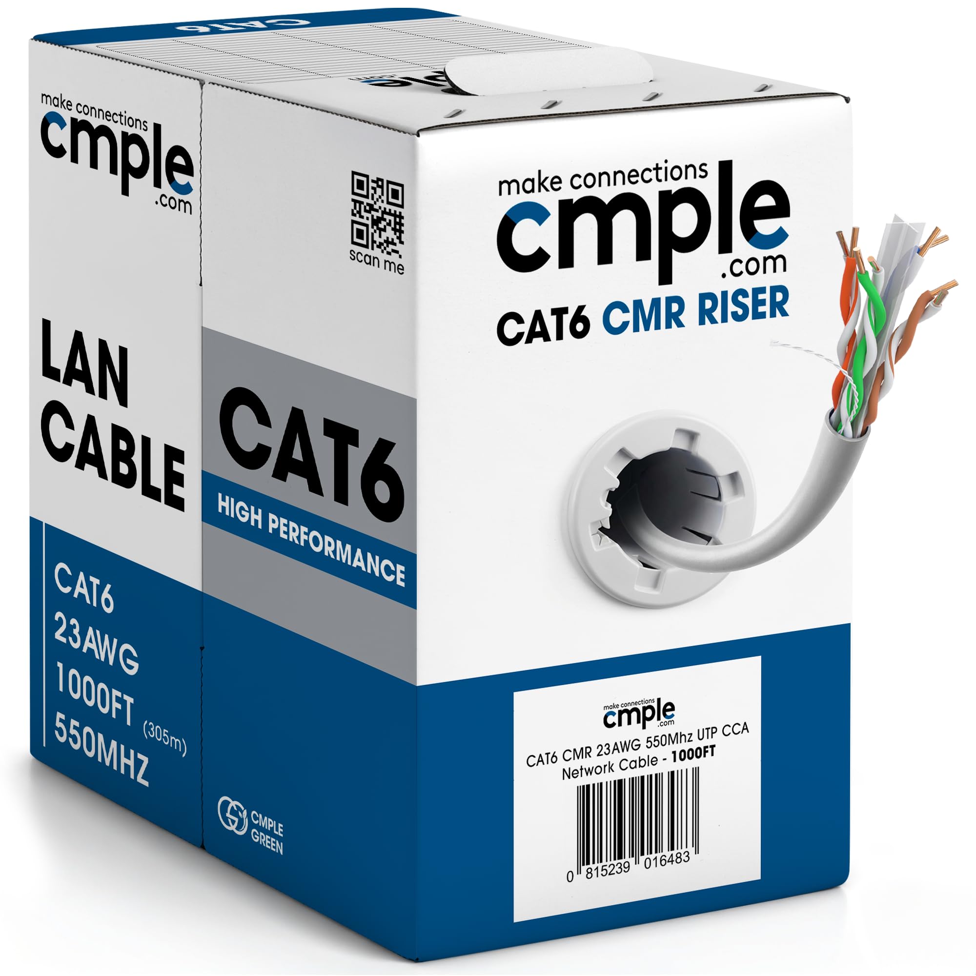 Cmple - Cat6 Cable 1000ft Bulk Lan Ethernet Cat 6 Wire Network UTP 23AWG CMR Riser 10Gbps 550 MHz Pull Box 1000 Feet, White