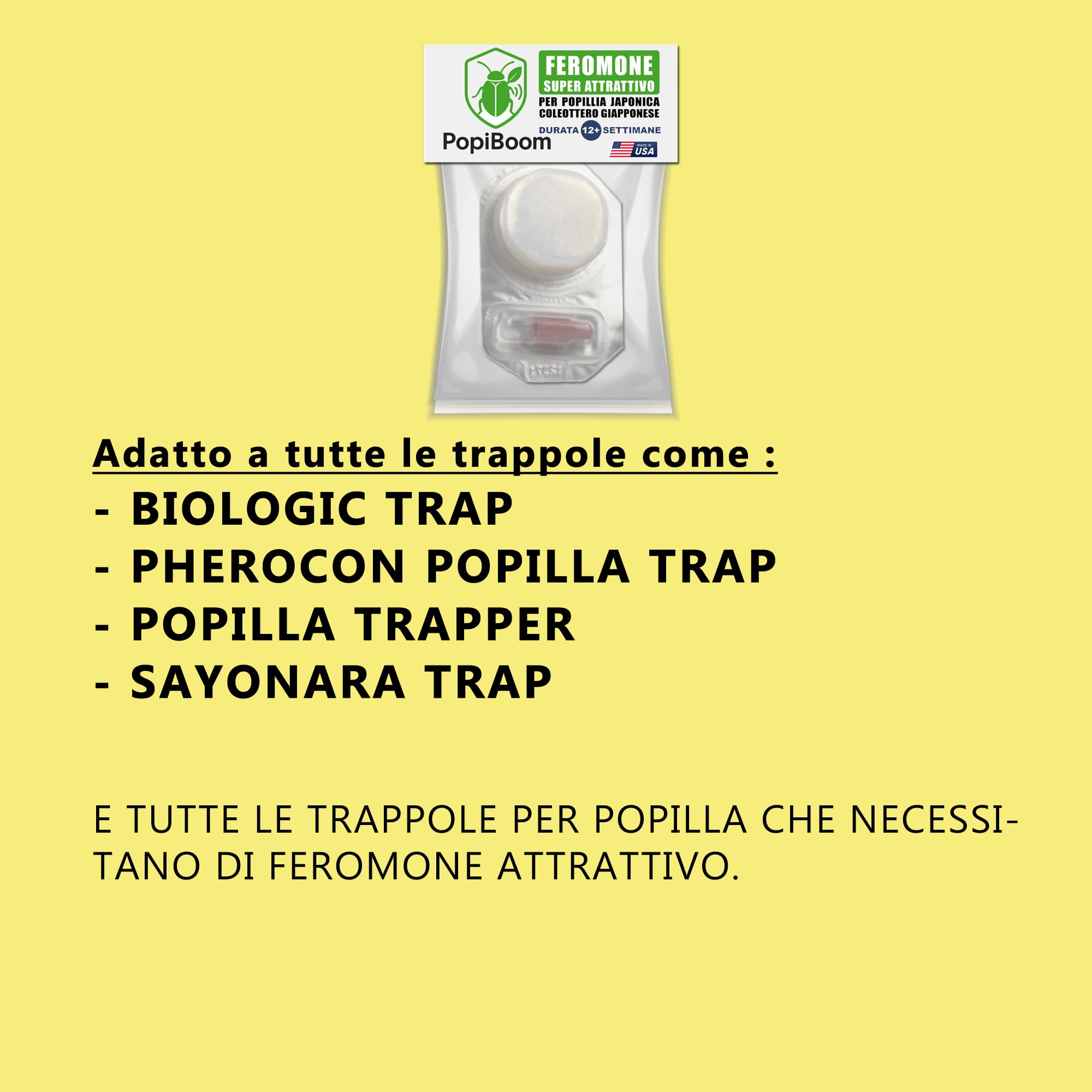 POPIBOOM | Ricarica Feromoni attrattivi per PopillIia Japonica Coleottero Giapponese Scarabeo Giapponese Made in USA. Durata 12+ settimane. Super attrattivo. 1 ricarica (PopillIia Japonica)