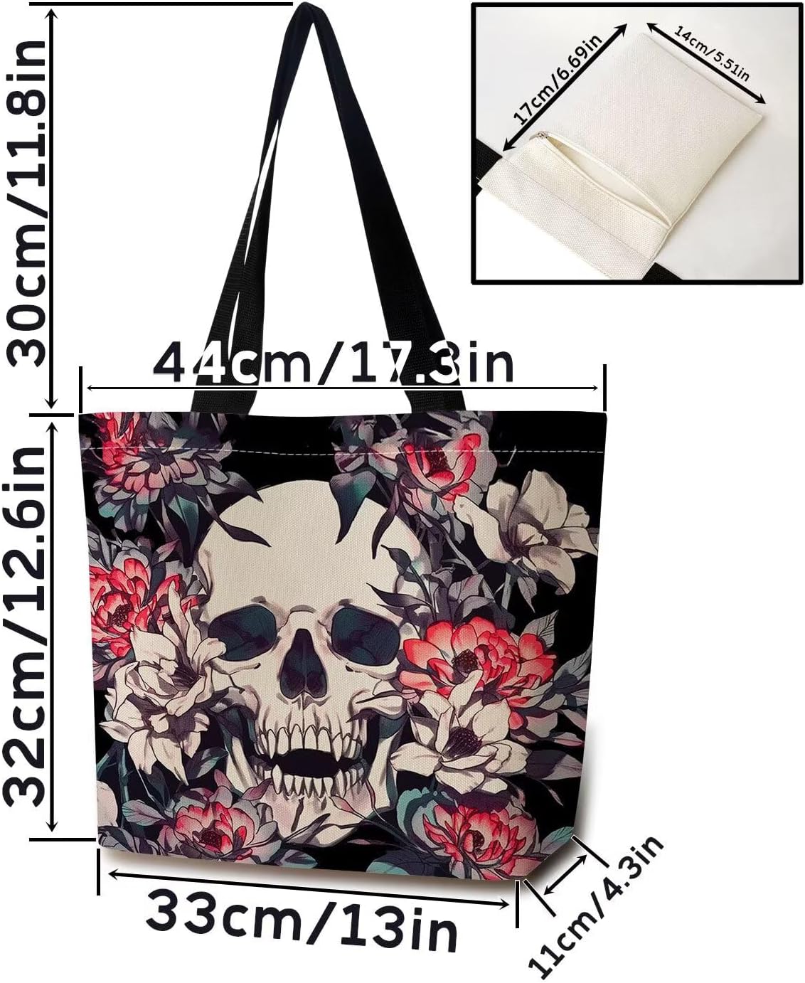 Floral Skull Tote Bag Reusable Grocery Bags Cute Aesthetic Shopping Shoulder Handbag with Interior Zipper Pocket Lightweight & Washable Stylish Floral Skull Present for Women - Image 4