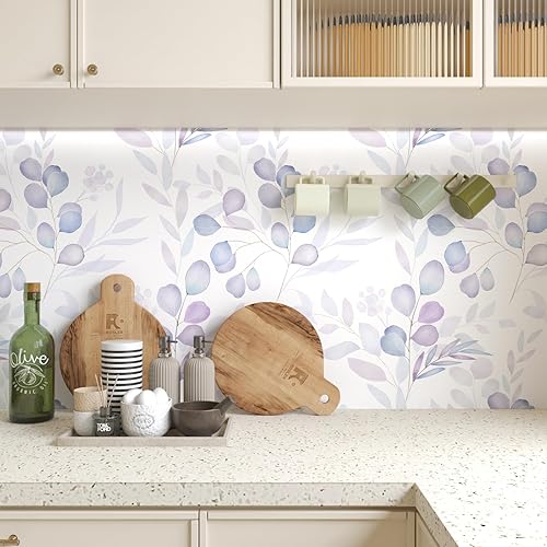 Miniatura 4 de VOLEAAR Papel de contacto morado claro, papel tapiz botánico para despegar y pegar, papel de pared de hojas florales, fácil de cortar, vinilo