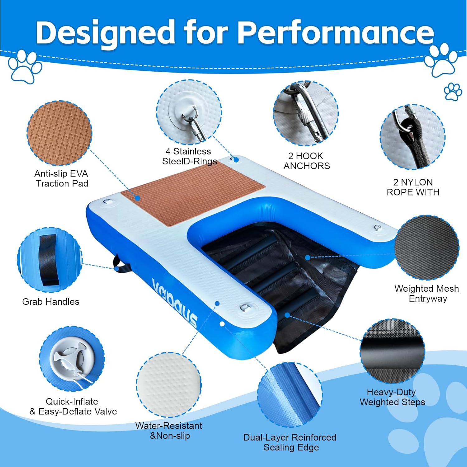 Vapaus Inflatable Dog Boat Ramp for Large Dogs – Floating Pup Ladder with Anti-Slip Surface, Portable Dog Water Ramp for Pool Dock Lake Boat – Heavy Duty Pet Boarding Platform