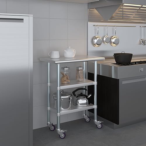 Miniatura 150 de AmGood Mesa de trabajo de acero inoxidable con 2 estantes y ruedas Mesa de trabajo de metal con ruedas