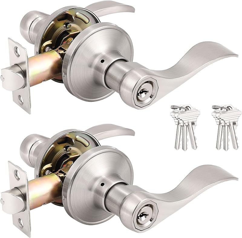 Probrico (2 unidades) Palancas de entrada con llave estilo ondulado, manijas de puerta con llave de níquel satinado interior exterior con cerradura y las mismas llaves, reversibles para puertas diestros e izquierdos