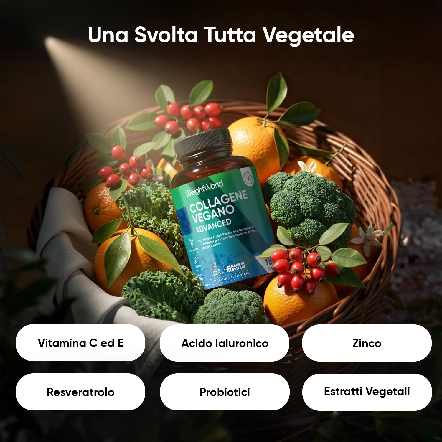 Collagene Vegano con Acido Ialuronico, 180 Capsule, Collagene Complex con Vitamina C, E, Zinco, Resveratrolo, MSM, Rosa Canina, Lactobacillus Acidophilus (500 Milioni di CFU), Senza Magnesio Stearato
