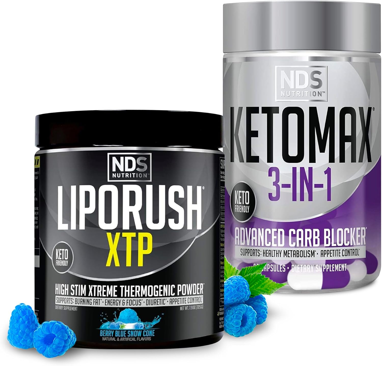 LIPORUSH NDS Nutrition XTP Thermogenic Blue Berry Snow Cone (45 Servings) and Keto-Max Advanced 3-in-1 Pills Carb Blocker Appetite Suppressant (90 Capsules)