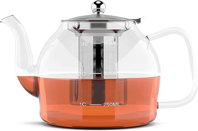 HEFTMAN Glass Teapot 800ml - Clear Glass Teapot With Infuser for Loose Tea, Serves 2-4 Cups, Made of Heat Resistant Borosilicate Glass, With Non-Dripping Spout & Removable Stainless Steel Strainer/Lid