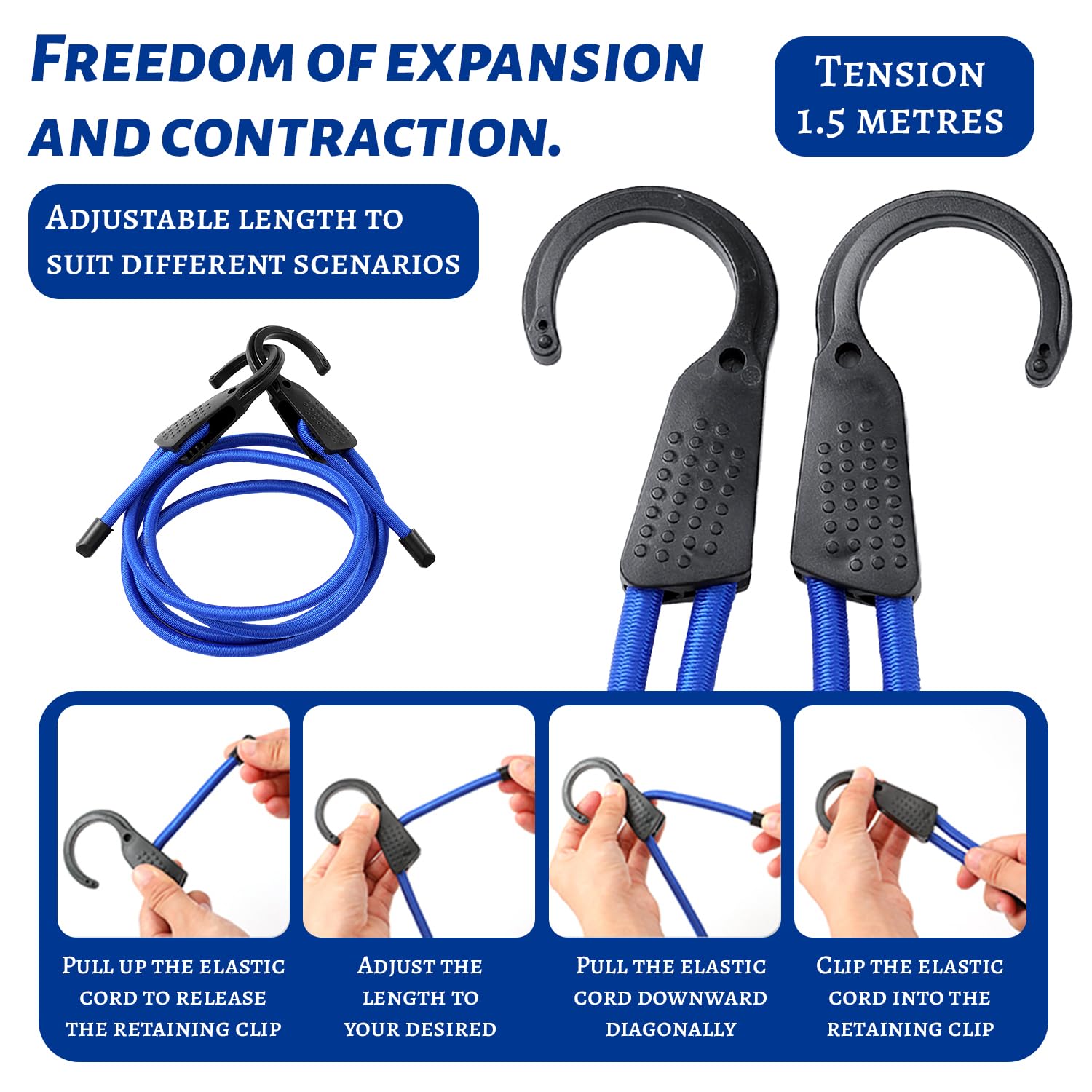 2 estensori da 1,5 m con gancio, regolabili liberamente, dotati di 8 clip, antivento e antiscivolo, con gancio di estensione, adatto per reggere bagagli, asciugare vestiti (blu)