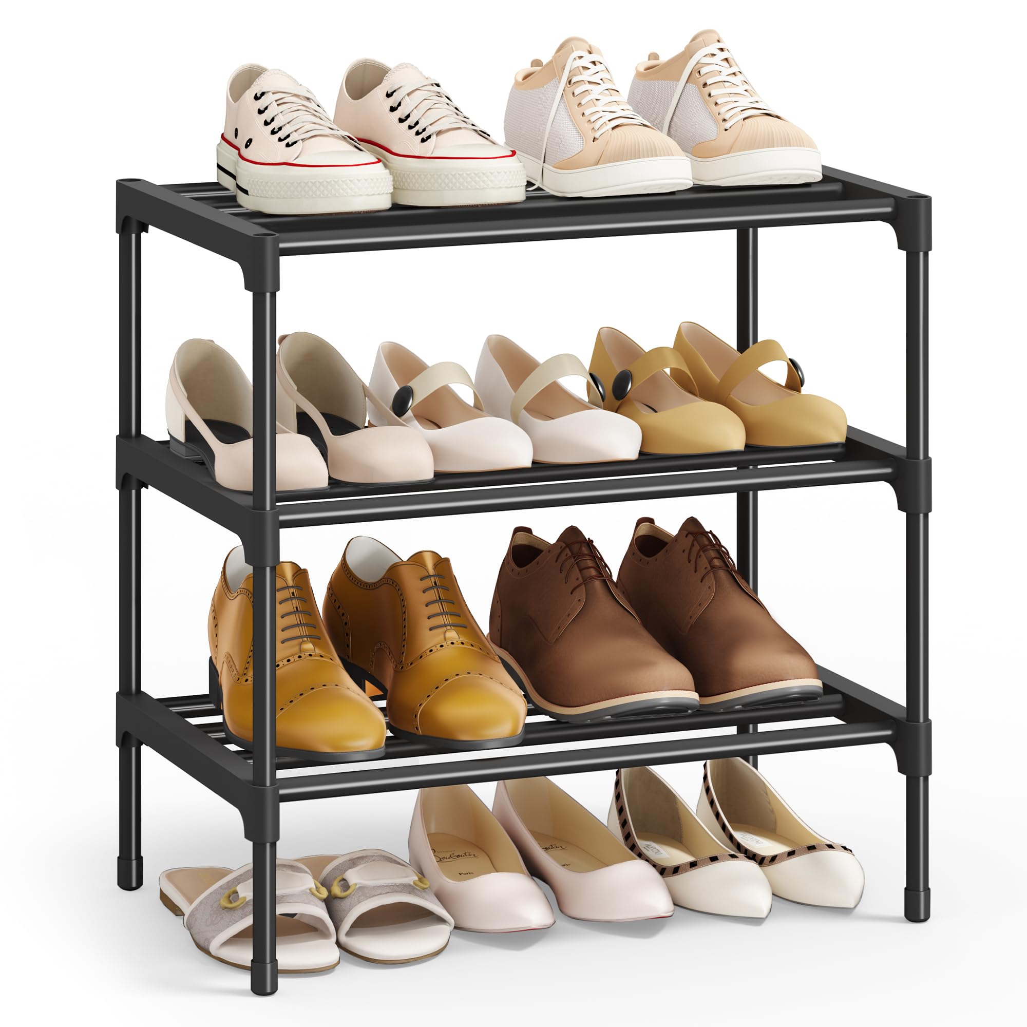 SONGMICS Shoe Rack 3 Tier Shoe Rack Narrow Shoe Organizer Metal Hallway Living Room Wardrobe Space Saving Stackable 30x45x48.5cm Black LSA113BH01