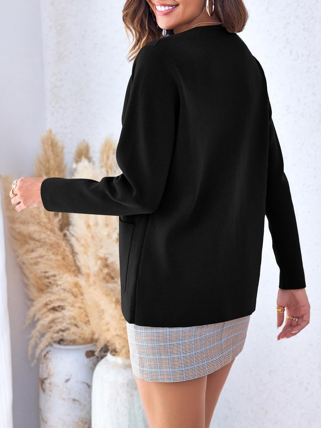 Langwyqu Womens Crew Neck Button Down Cardigan Sweaters Blazer Casual Long Sleeve Knit Solid Sweater with Pockets - Image 5