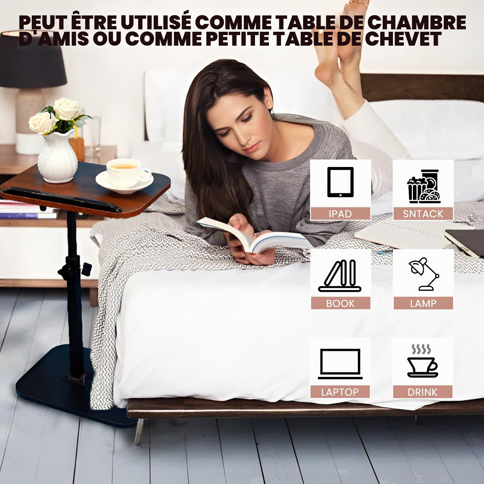 Table d'appoint en C réglable en Hauteur pour canapé,avec Fente pour téléphone et Tablette,lit, Coin Lecture, Table d'appoint en Forme de C pour canapé, Plateau TV Rotatif à 360 ° (Walnut)