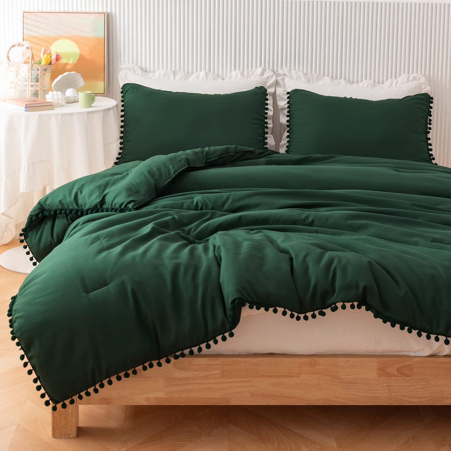 YIRDDEO Dark Green Queen Comforter Queen Set 3pcs Boho Ball Pom Pom