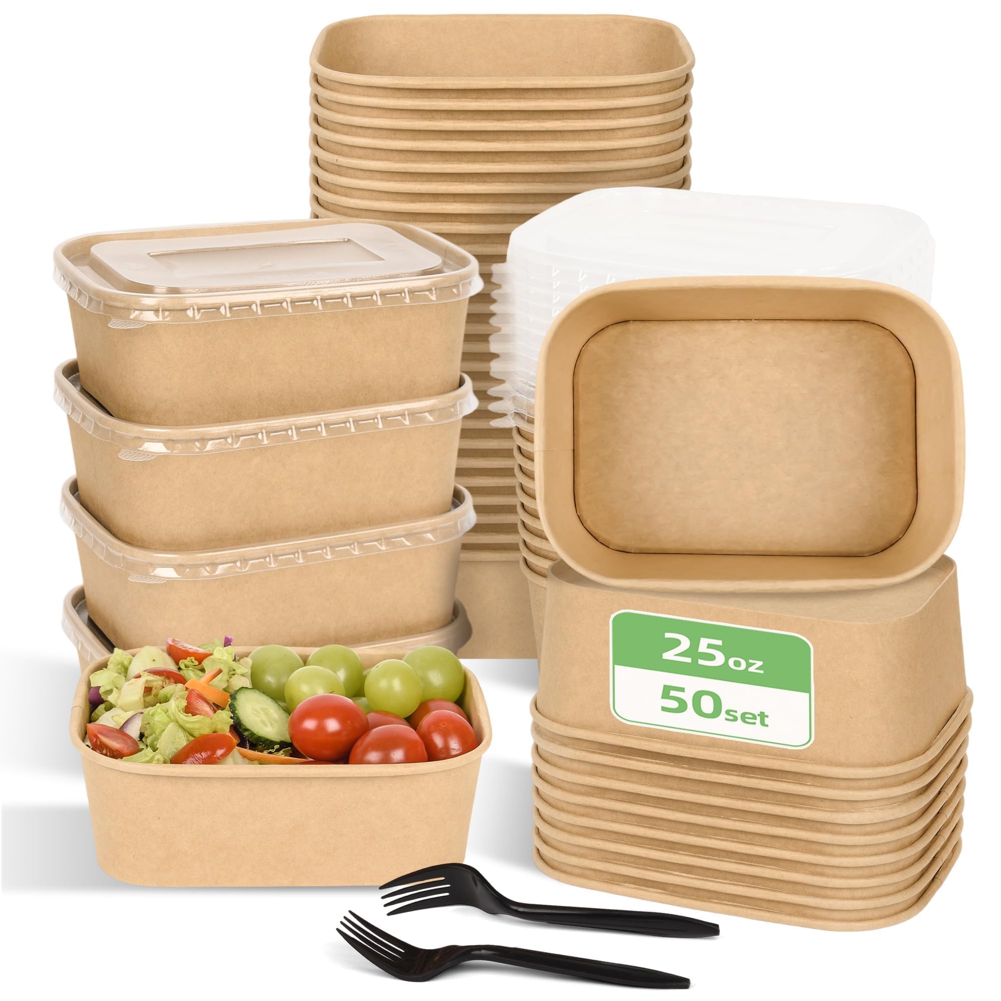 Peseojiar 50 Pack Disposable Meal Prep Containers, 25oz Paper Bowls with Lids and Forks