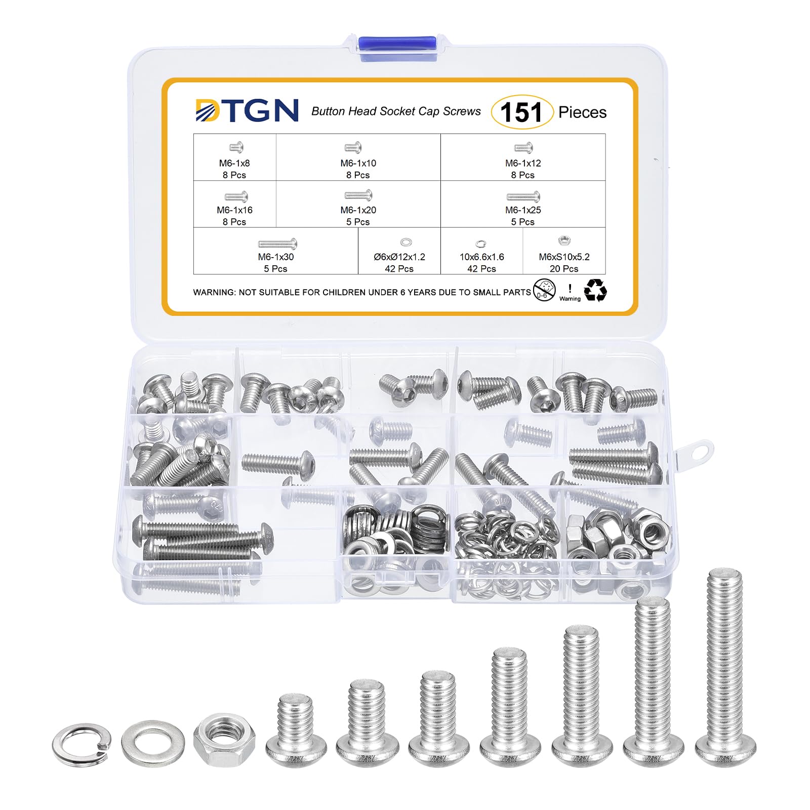 DTGN 151Pcs M6-1x8/10/12/16/20/25/30mm Button Head Socket Cap Screws, 304 Stainless Steel Bolt Nut Set Washer Assortment Kit
