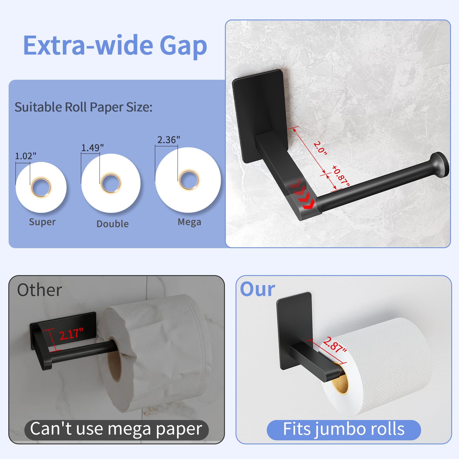 STWWO Toilet Paper Holder Self Adhesive, Extra-Wide Gap, Matte Black — Amazon image 5