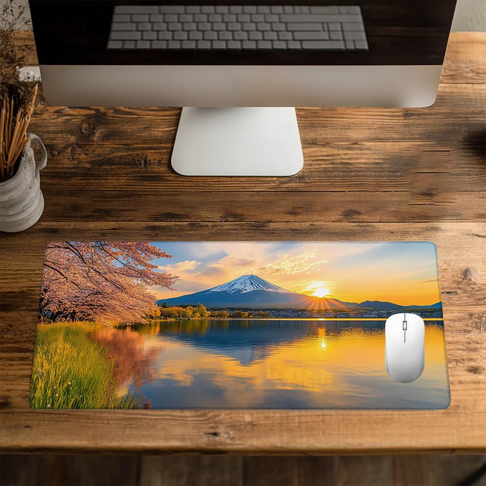 Podkładka pod mysz Mount Fuji Podkładka pod mysz xxL 1400x600x3mm, podkładka na biurko zachód słońca z antypoślizgową i wodoodporną gumową podstawą, poprawia precyzję i prędkość, biuro Deco GYL-1540