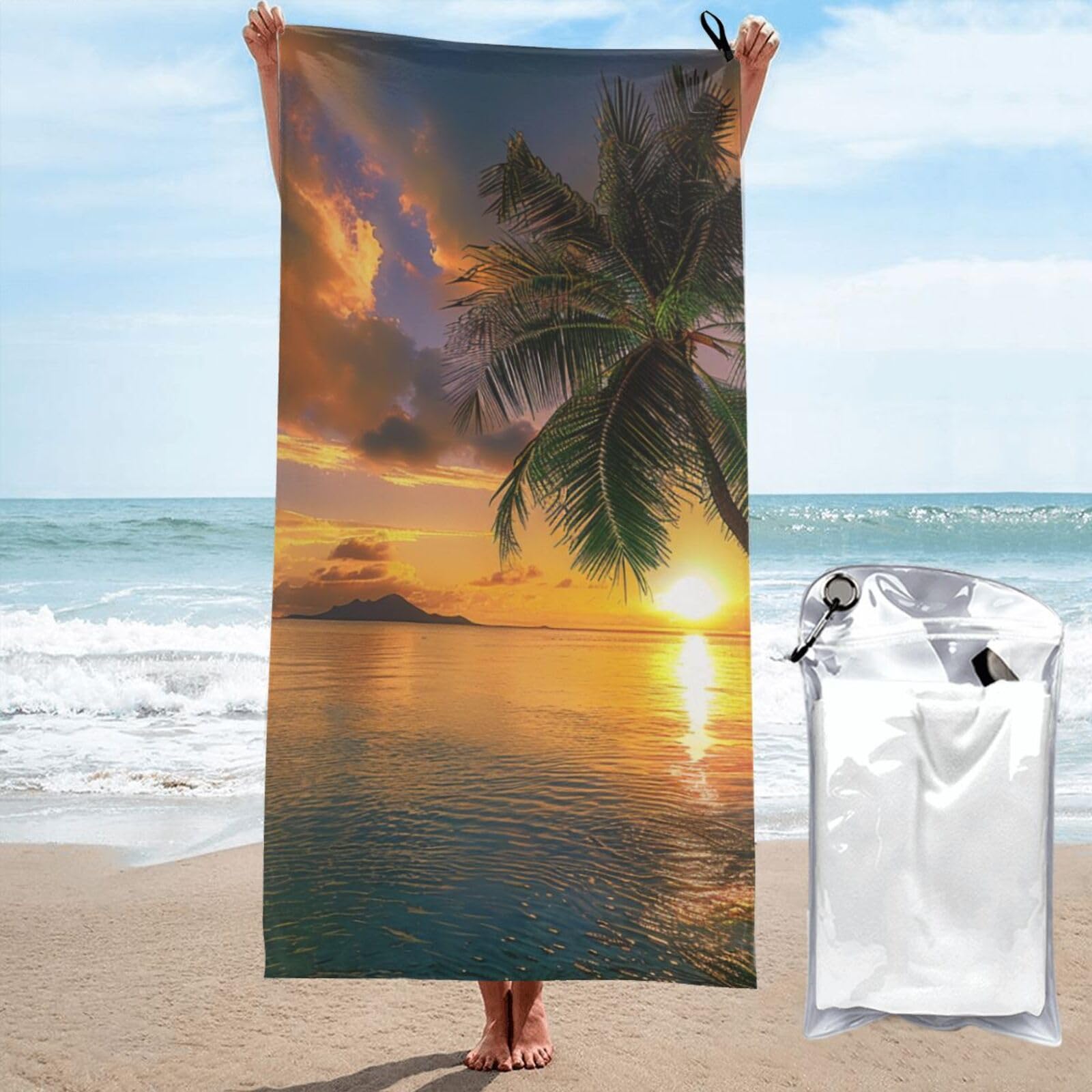 BWWHCCTI Tropical Hawaii Palm Tree Sea Sunset Printed Microfiber Quick Dry Beach Towel 80x160 CM, Fast Drying Bath Towels with Bags for Travel,Camping,Gym,Beach,Swimming,Yoga