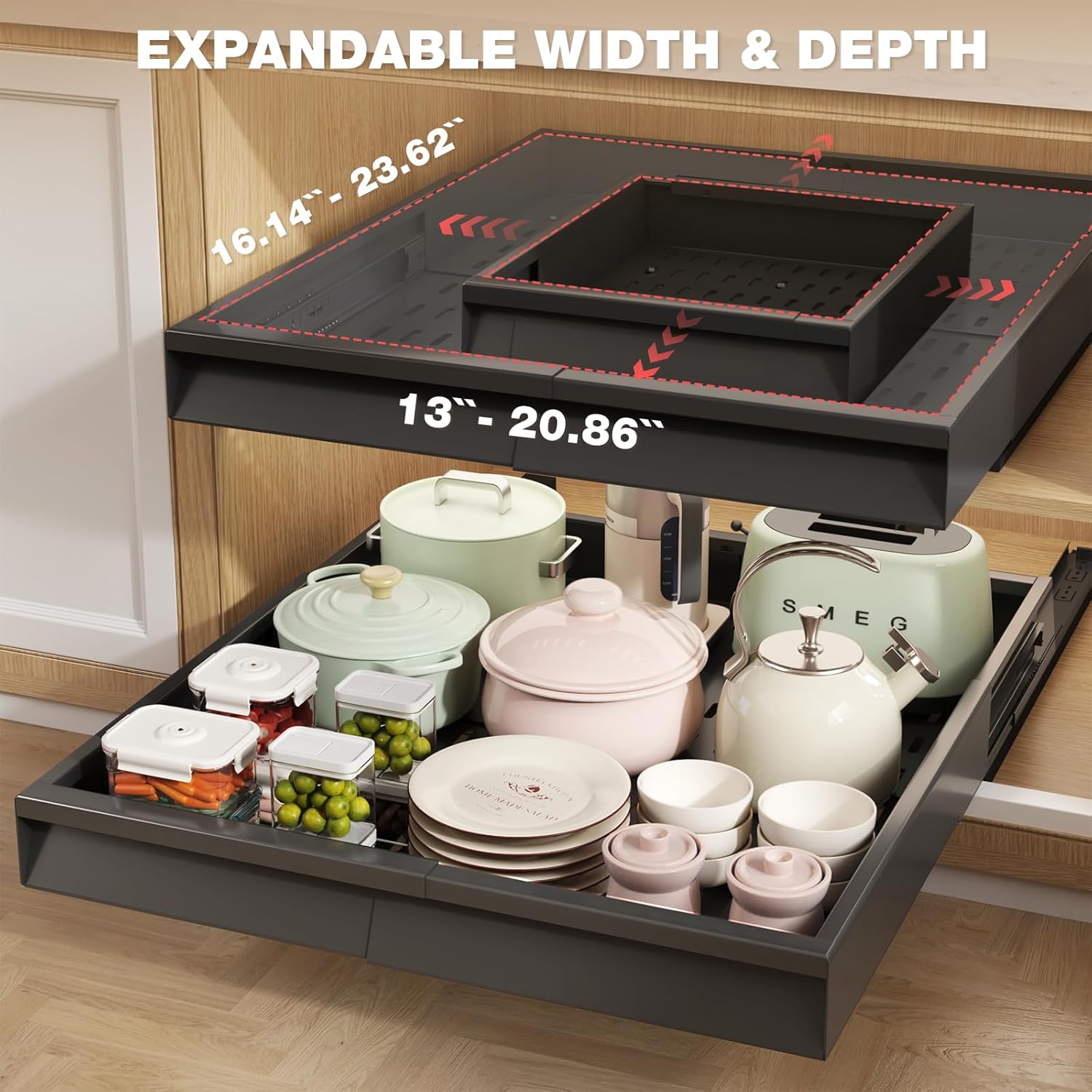 seinloes 2 pack pull out cabinet organizer with raising pad for framed cabinets,expandable width (13"-21") and depth (17"-24"),3 slide rails slide out drawers with handle,no-drill roll out shelf,black black 13"-21"w x 17"-24"d(2pack)