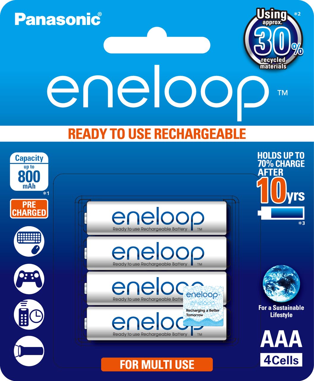 Panasonic Eneloop AAA Pre-Charged Rechargeable Batteries, 4-Pack (BK-4MCCE/4BA)