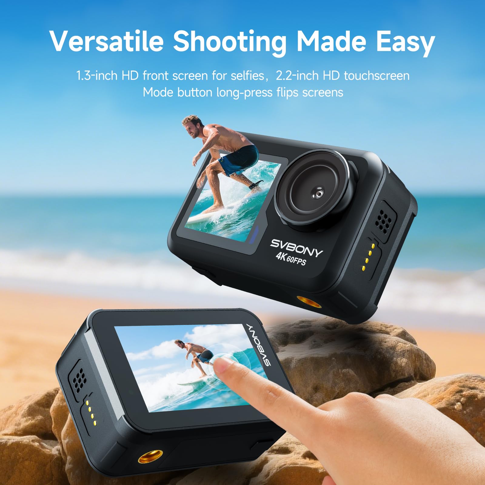 SVBONY ACT20 4K 60FPS Dual-Screen Unterwasserkamera (SVGo2 Upgrade) | Action Cam mit EIS 2.0, 12m wasserdicht (ohne Gehäuse), Sprachbefehl, Dual-Display, 2x1350mAh Akkus für Surfen, Schnorcheln