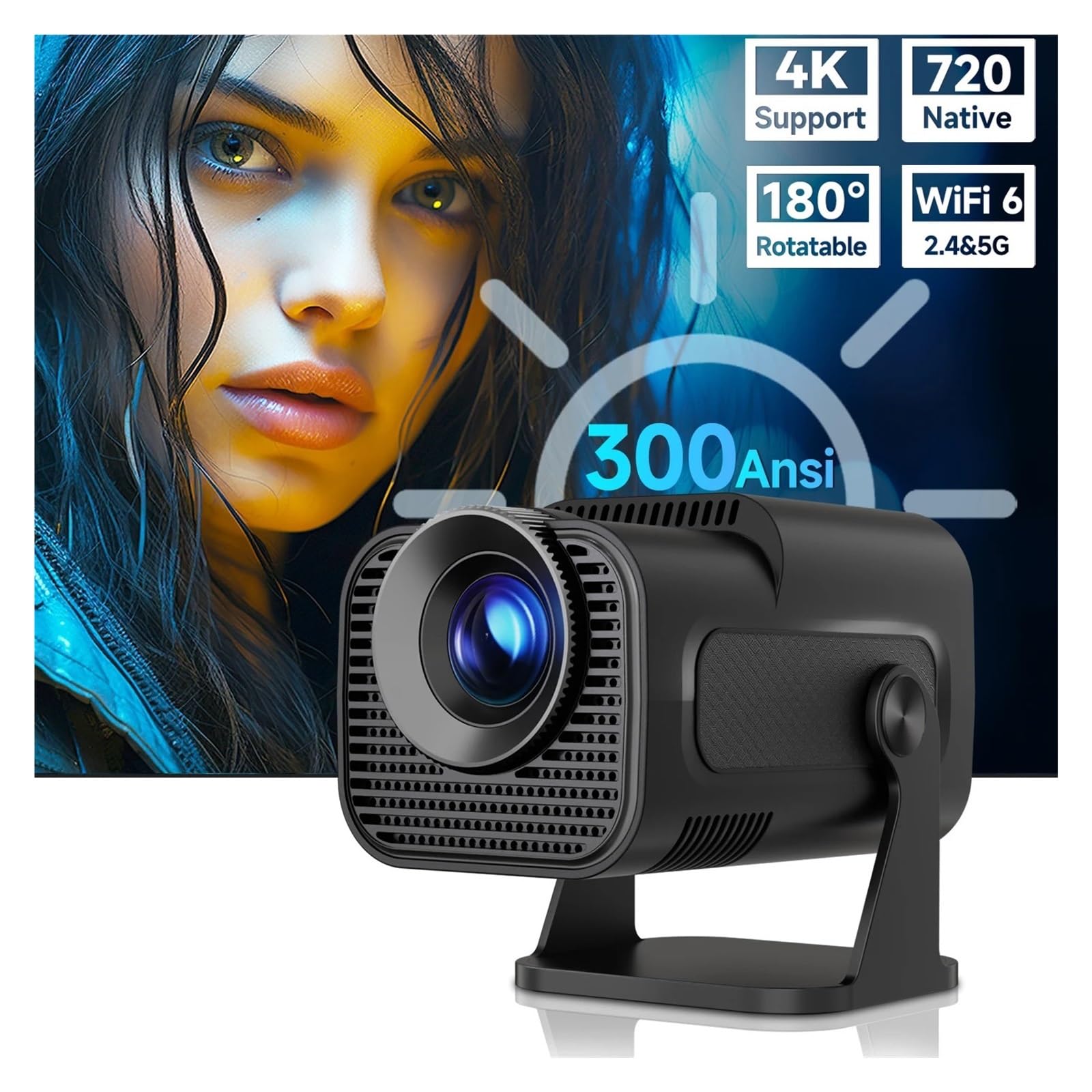 Mini Proiettore 720P 4K 300ANSI Wifi6 BT5.0 Cinema Outdoor Portatile Girevole A 180° Crea Un'Atmosfera(Gray)