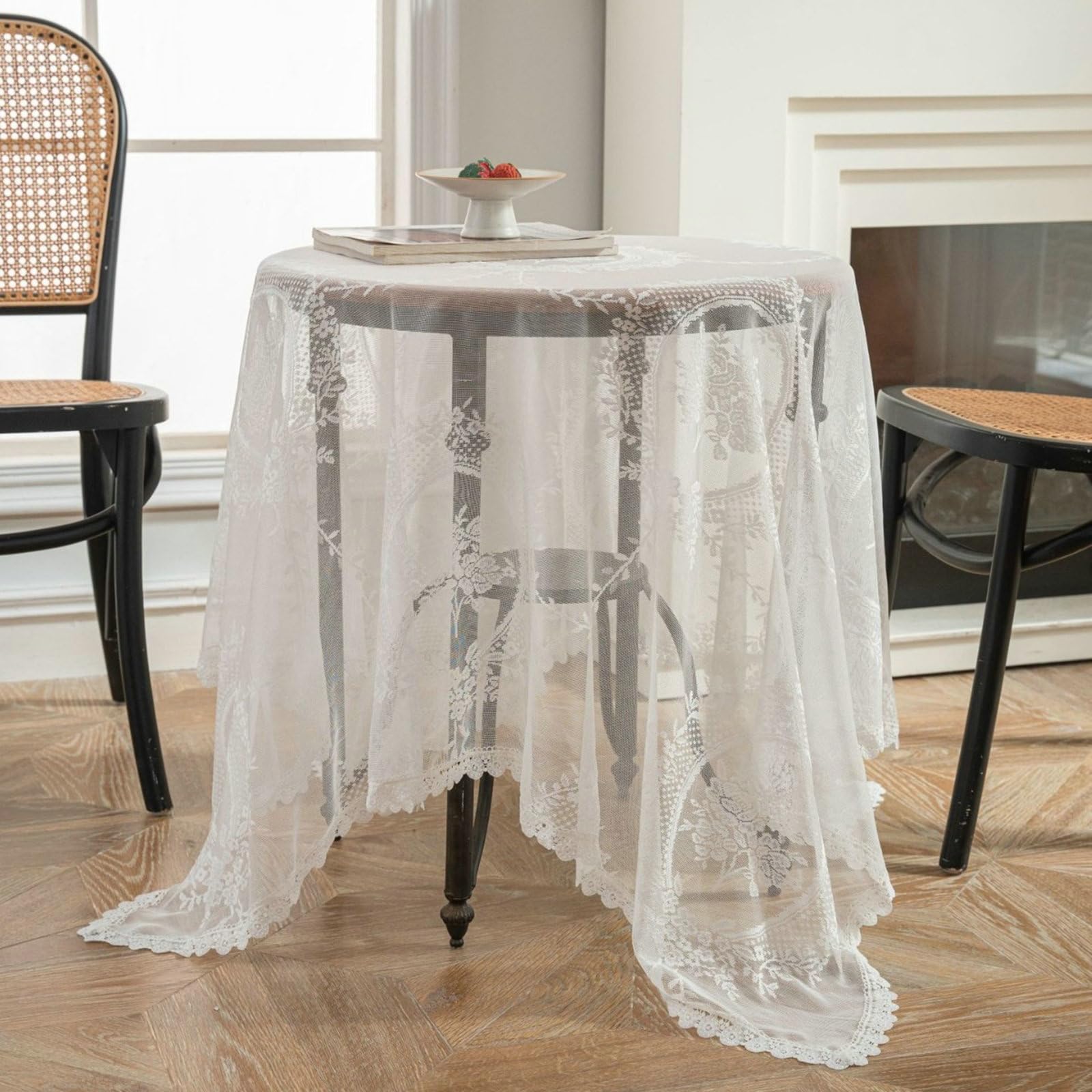Gualiy Tischtuch Rund, Tischdecke 160 x 160 Polyester Tischdecke Abwaschbar Hohl Spitze Blume Stickerei Tischdecken für Wohnzimmertisch, Weiß