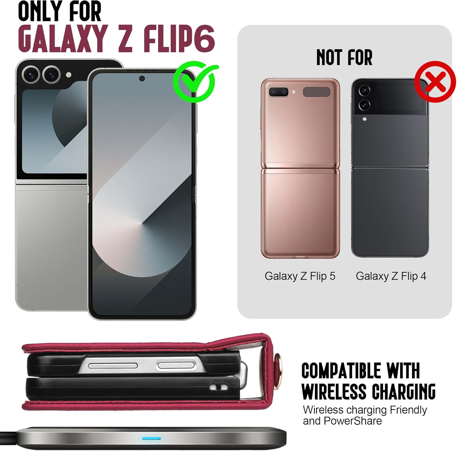 for Samsung Galaxy Z Flip 6 Case, Flip 6 Phone Case with Card Holder and 360° Ring Stand, PU Leather Wallet Case with Crossbody and Wrist Strap, Wine Red