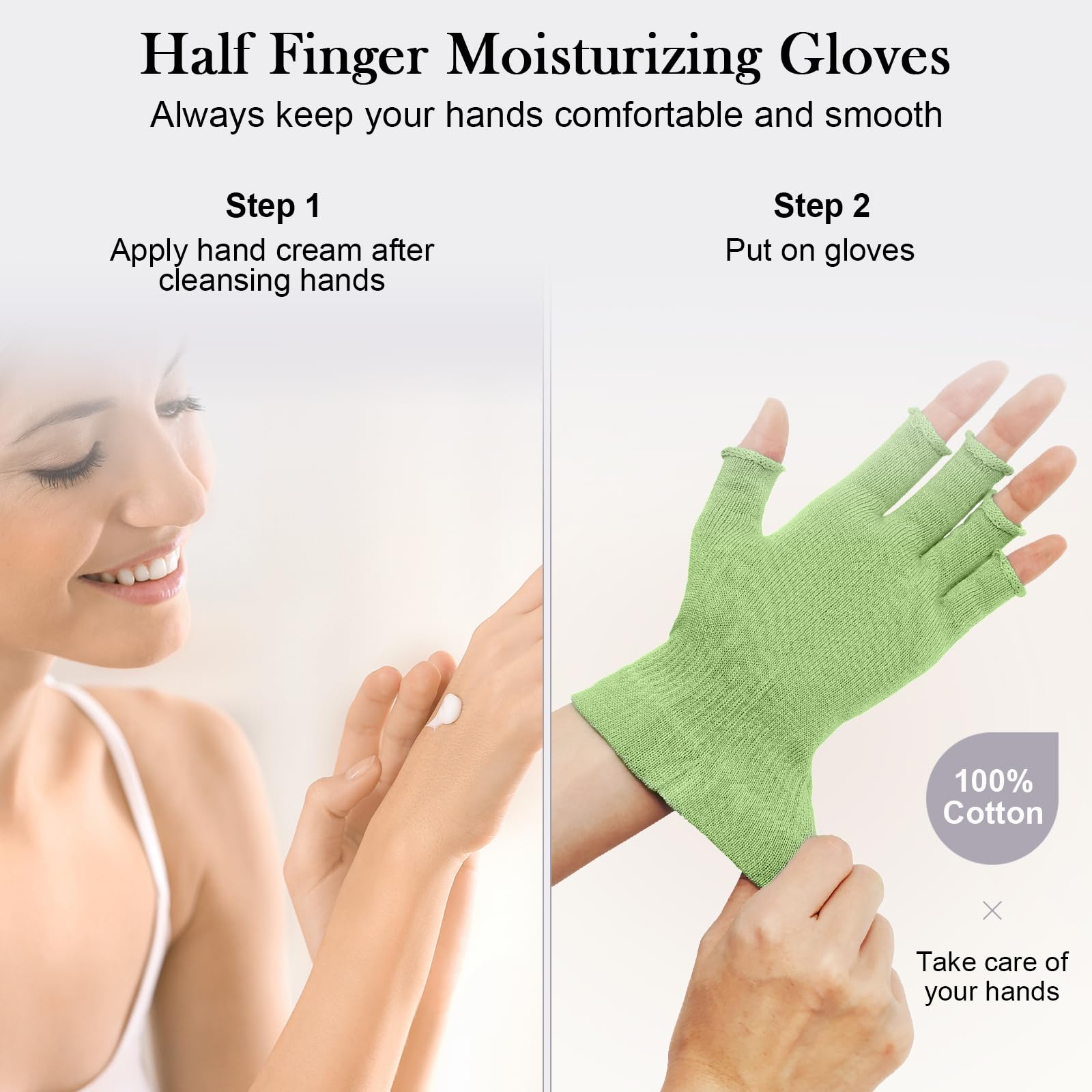 MIG4U Lot de 3 paires de mitaines hydratantes, demi-doigts pour écran tactile, eczéma, spa, mains sèches, traitement de la peau, protection UV d'été, vert pomme, taille L/XL