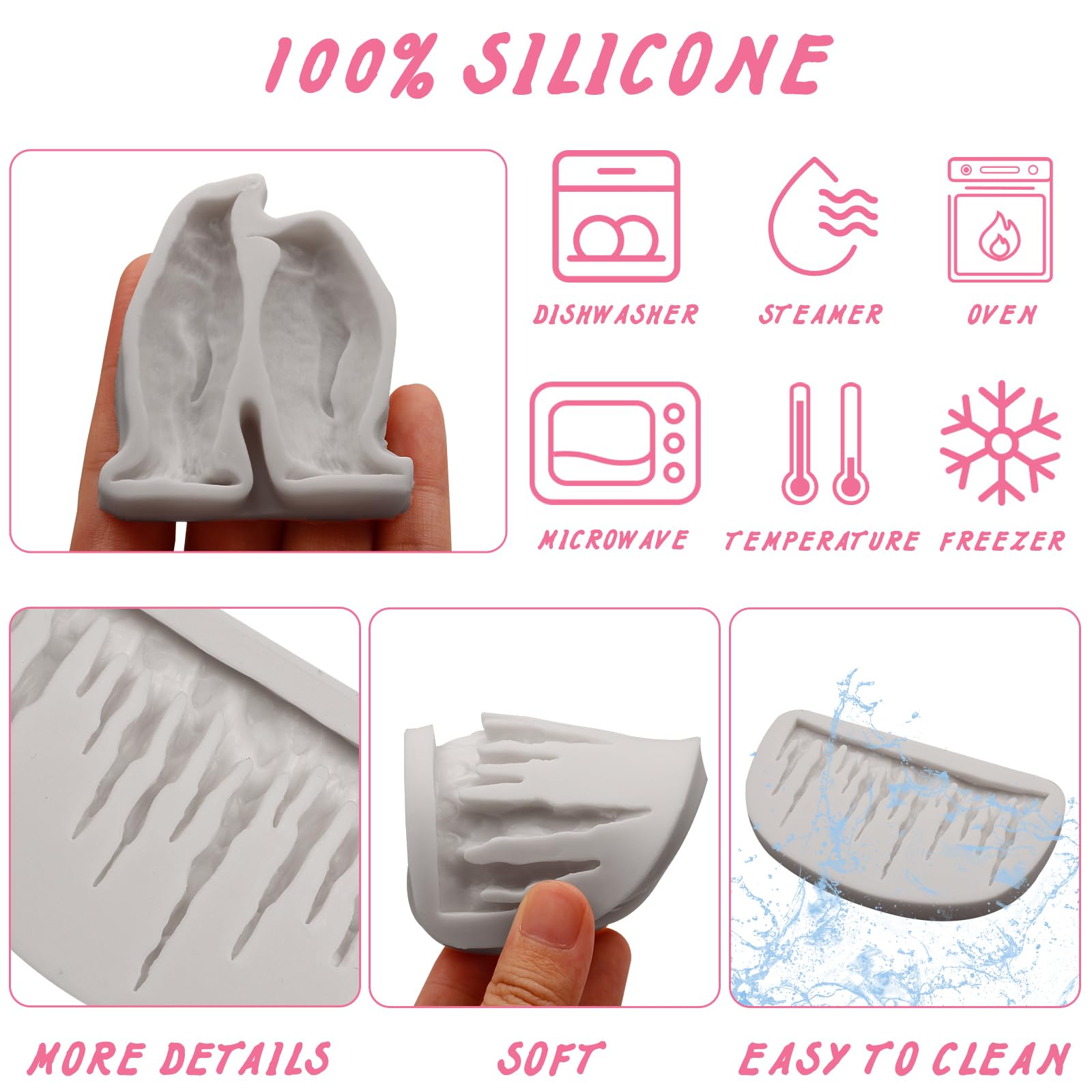 Moldes de silicona navideños, juego de 3 piezas con diseños de pingüino y copo de nieve, color gris